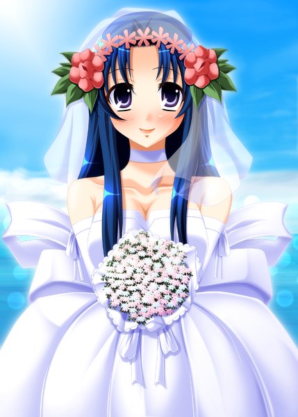 Anime picture 1110x1553 with toradora j.c. staff kawashima ami yuunagi kanade tall image blush purple eyes blue hair girl dress flower (flowers) wedding dress