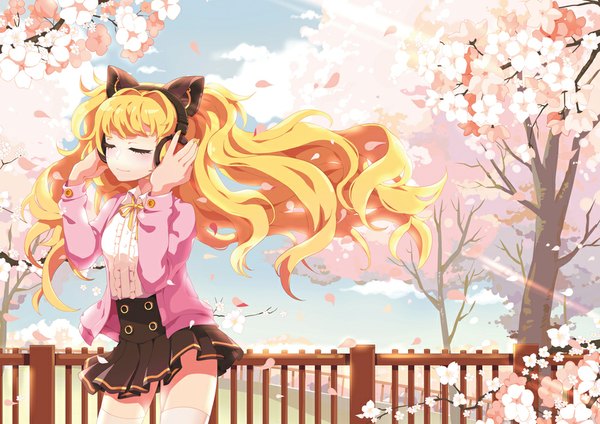 Anime picture 1000x707 with vocaloid seeu b.s (artist) single long hair blonde hair animal ears eyes closed cat ears cherry blossoms girl thighhighs skirt plant (plants) miniskirt petals white thighhighs tree (trees) headphones
