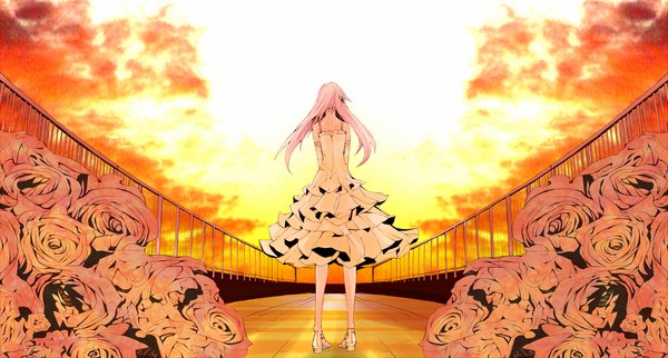 Anime picture 1920x1032 with vocaloid ia (vocaloid) yutapon single long hair highres wide image standing bare shoulders sky cloud (clouds) white hair sunlight back girl dress gloves flower (flowers) elbow gloves white gloves