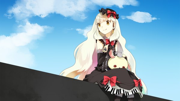 Anime picture 1500x844 with vocaloid mayu (vocaloid) usano mimi koyubi single long hair wide image yellow eyes cloud (clouds) white hair light smile girl dress gloves bow hat elbow gloves toy stuffed animal