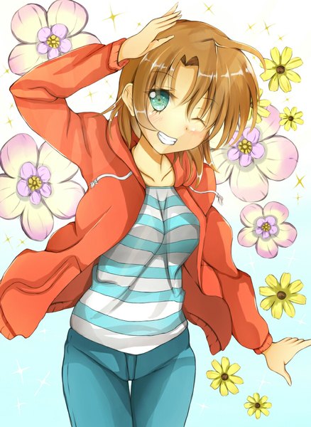 Anime picture 766x1049 with golden time j.c. staff hayashida nana matsurika (j297021302) single tall image blush short hair blue eyes smile brown hair one eye closed wink girl flower (flowers) jacket