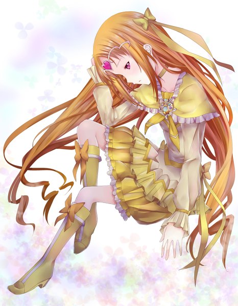Anime picture 1447x1860 with precure suite precure toei animation shirabe ako cure muse (yellow) shichouson single long hair tall image sitting long sleeves pink eyes orange hair girl dress bow hair bow boots frills heart