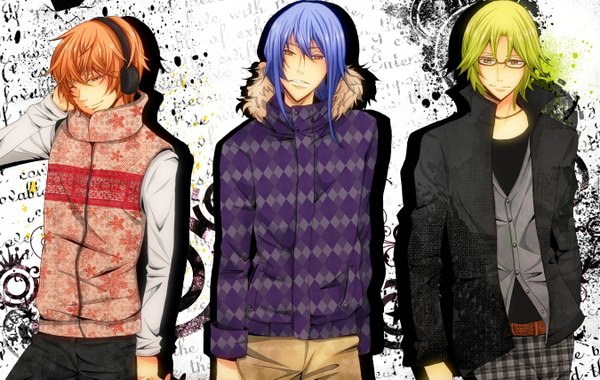 Anime picture 1350x857 with star driver tsukihiko bou ginta ryou takumi takeo hi torokeru (artist) short hair blue hair one eye closed green hair wink orange hair checkered boy glasses jacket headphones hood vest