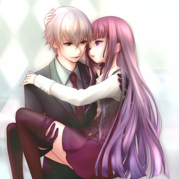 Anime picture 1200x1200 with inu x boku ss david production shirakiin ririchiyo miketsukami soushi yori (shitsuon) long hair short hair purple eyes purple hair white hair couple heterochromia girl thighhighs boy gloves black thighhighs shirt necktie tuxedo