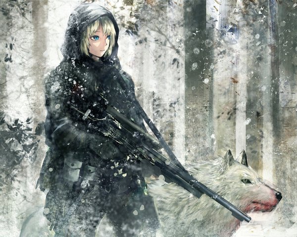 Anime picture 1280x1024 with original seafh (artist) short hair blue eyes blonde hair sniper girl weapon plant (plants) tree (trees) gun hood wolf