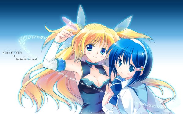 Anime picture 1920x1200 with os-tan windows (operating system) microsoft windows 7 aizawa hikaru madobe nanami long hair highres short hair blue eyes blonde hair wide image multiple girls blue hair cleavage girl 2 girls hairband