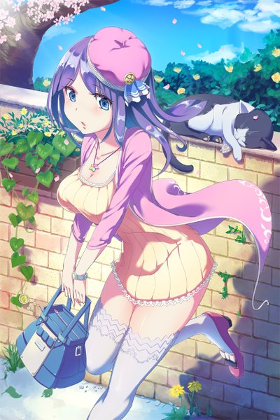 Anime picture 853x1280 with original loup single long hair tall image blush fringe breasts open mouth blue eyes large breasts standing holding payot looking away sky cleavage purple hair cloud (clouds) bent knee (knees)