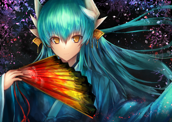 Anime picture 2029x1440 with fate (series) fate/grand order kiyohime (fate) kaze minoru so-ru single long hair looking at viewer fringe highres simple background hair between eyes holding yellow eyes upper body traditional clothes japanese clothes horn (horns) light smile wind aqua hair
