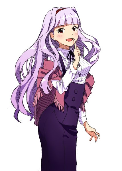 Anime picture 700x980 with idolmaster shijou takane mohya (artist) single long hair tall image looking at viewer blush fringe open mouth simple background red eyes white background purple hair :d finger to mouth wavy hair girl headband shawl