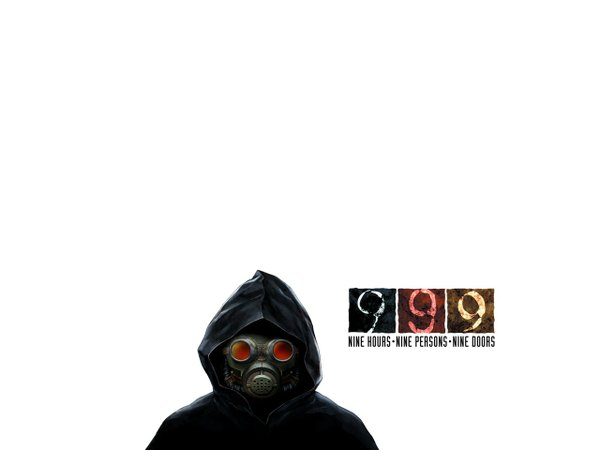 Anime picture 1280x960 with 999 (game) single simple background white background inscription wallpaper hood gas mask