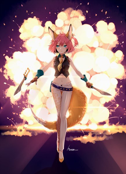 Anime picture 800x1100 with closers seulbi lee millgua single tall image blush fringe short hair hair between eyes bare shoulders signed animal ears looking away pink hair ahoge tail parted lips animal tail aqua eyes bare belly