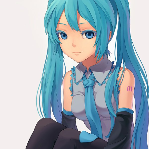 Anime picture 1000x1000 with vocaloid hatsune miku fkey single simple background white background twintails very long hair aqua eyes aqua hair girl detached sleeves necktie