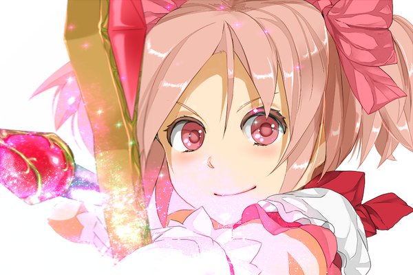 Anime picture 990x660 with mahou shoujo madoka magica shaft (studio) kaname madoka gori single looking at viewer fringe short hair simple background smile hair between eyes white background twintails holding payot pink hair pink eyes blurry sparkle depth of field