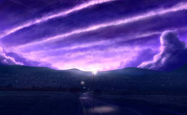 Anime picture 1300x800 with original mks wide image sky cloud (clouds) night mountain no people landscape city lights lantern house road lamppost