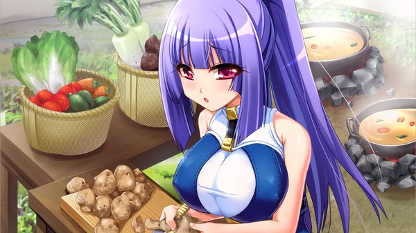 Anime picture 1280x720 with sangoku hime unicorn-a long hair breasts light erotic red eyes wide image large breasts blue hair game cg ponytail cooking girl