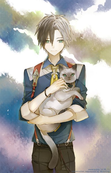Anime picture 537x835 with tales of (series) tales of xillia tales of xillia 2 ludger will kresnik lulu (tales) memipong single tall image fringe short hair black hair smile hair between eyes standing holding green eyes signed silver hair multicolored hair two-tone hair