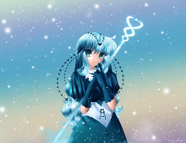 Anime picture 1400x1077 with original psyconorikan single long hair smile blue hair aqua eyes finger to mouth girl dress gloves elbow gloves staff beads
