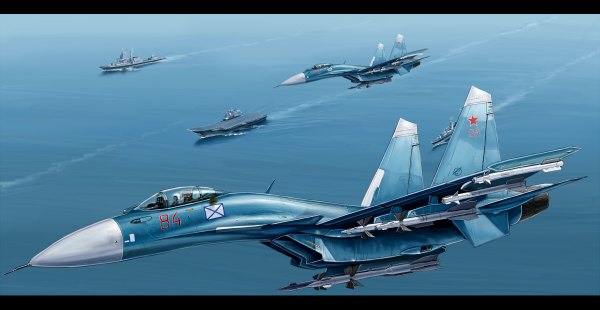 Anime picture 1200x620 with original kcme wide image sky cloud (clouds) flying weapon sea watercraft airplane ship jet su-33