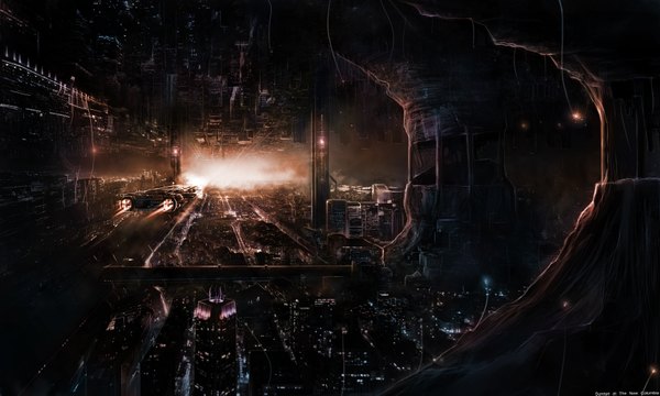 Anime picture 3500x2102 with original diandianzai highres wide image signed absurdres from above inscription text city watermark light dark background smoke cityscape no people english scenic city lights street