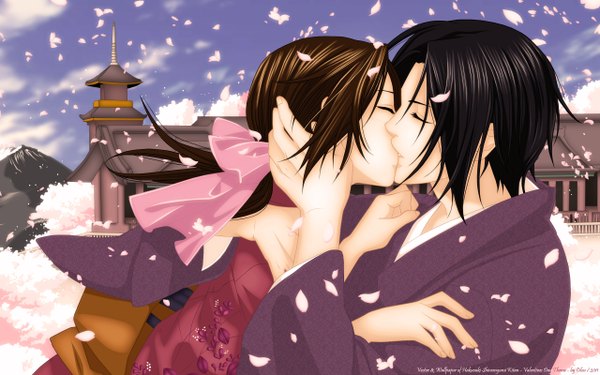 Anime picture 2560x1600 with hakuouki shinsengumi kitan studio deen hijikata toshizou (hakuouki) long hair highres short hair black hair wide image brown eyes eyes closed traditional clothes japanese clothes profile couple kiss girl boy flower (flowers) bow ribbon (ribbons)