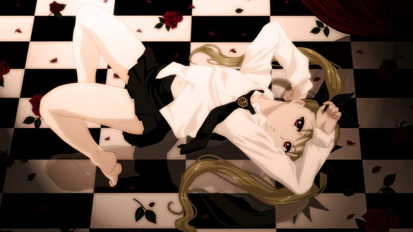 Anime picture 1920x1080 with dance in the vampire bund shaft (studio) mina tepes long hair highres open mouth blonde hair red eyes wide image twintails barefoot checkered floor vampire jpeg artifacts girl skirt flower (flowers) shirt petals serafuku