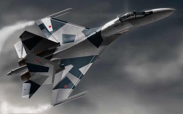 Anime picture 800x500 with original yaenagi grey background flying military weapon airplane jet su-35