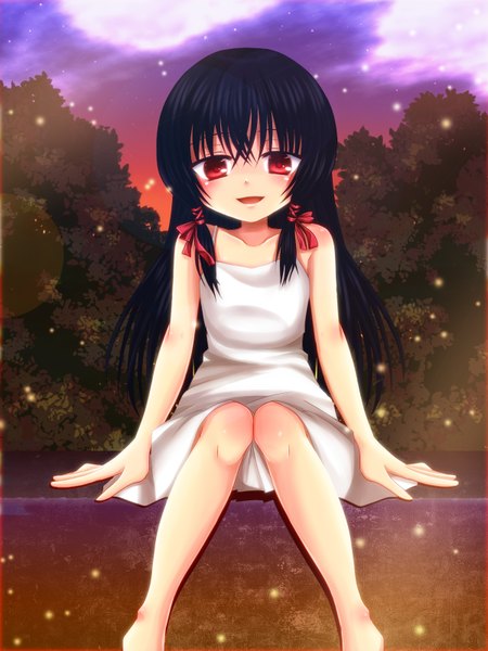 Anime picture 1200x1600 with original asazuki kanai single long hair tall image open mouth black hair smile red eyes sitting loli girl ribbon (ribbons) hair ribbon sundress