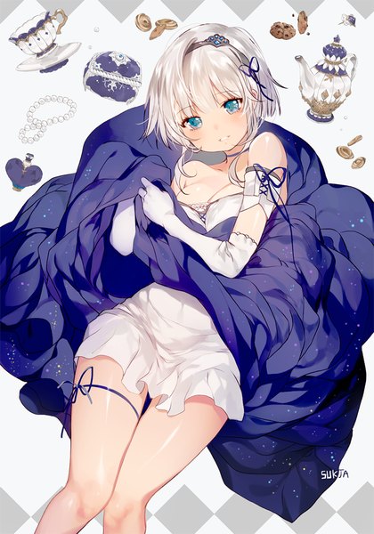 Anime picture 700x1000 with original sorolp single tall image blush fringe short hair breasts blue eyes light erotic large breasts bare shoulders signed payot looking away cleavage silver hair light smile shiny skin lacing