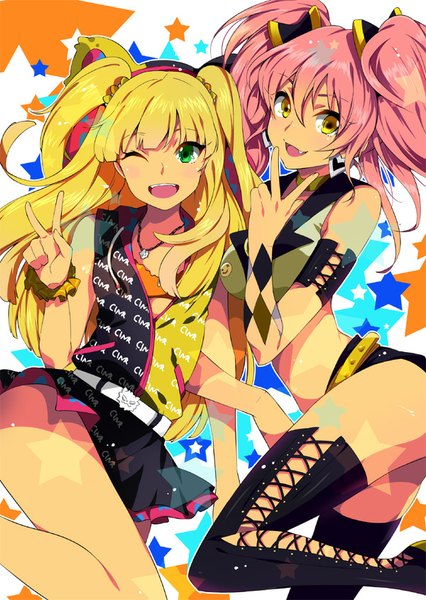 Anime picture 600x844 with idolmaster idolmaster cinderella girls jougasaki mika jougasaki rika akishima kei long hair tall image looking at viewer blush fringe open mouth light erotic blonde hair twintails multiple girls green eyes yellow eyes pink hair bent knee (knees) :d