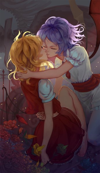 Anime picture 900x1558 with touhou flandre scarlet remilia scarlet hoshimawa long hair tall image blonde hair multiple girls purple hair eyes closed barefoot shoujo ai siblings kiss bat wings sisters girl dress skirt flower (flowers)