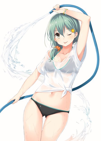 Anime picture 858x1200 with kantai collection suzuya heavy cruiser takehana note single long hair tall image fringe breasts light erotic simple background hair between eyes white background one eye closed green hair wink grey eyes ass visible through thighs low ponytail wet clothes girl