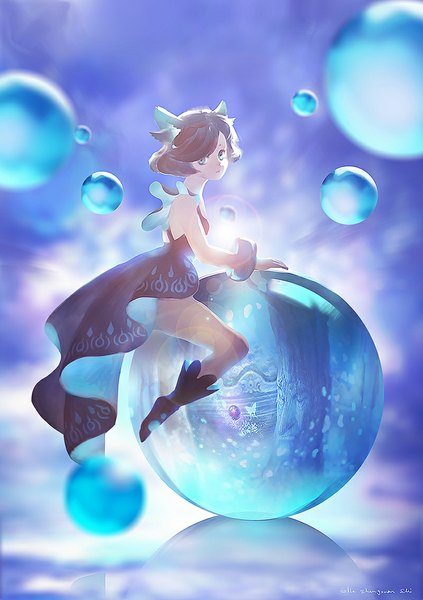 Anime picture 800x1135 with original pixiv fantasia pixiv fantasia fallen kings lost elle single tall image looking at viewer short hair blue eyes sitting bare shoulders animal ears bare legs reflection glow girl dress boots insect butterfly