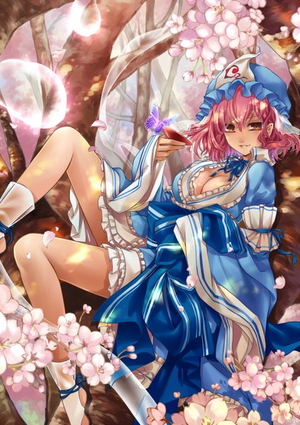 Anime picture 1000x1414 with touhou saigyouji yuyuko kingchenxi single tall image looking at viewer blush short hair breasts open mouth smile red eyes sitting pink hair cleavage traditional clothes japanese clothes lips cherry blossoms tree sitting
