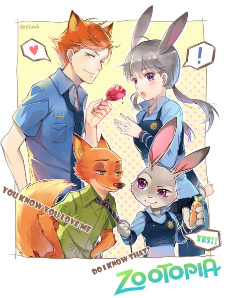 Anime picture 2202x2890 with zootopia disney judy hopps nick wilde ekita xuan long hair tall image blush fringe highres short hair open mouth smile purple eyes twintails green eyes signed animal ears ahoge tail