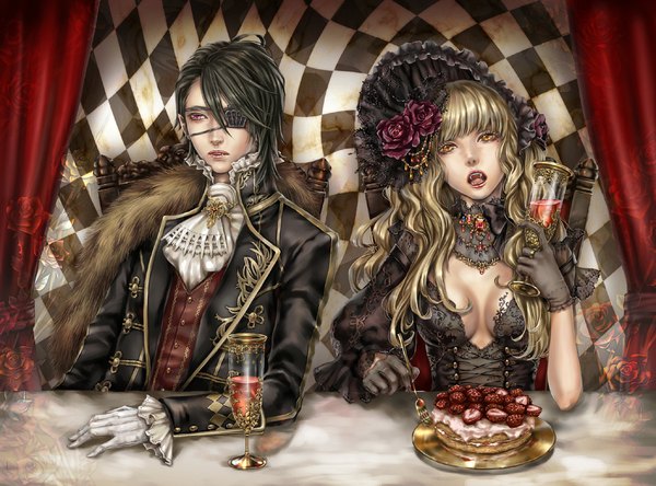 Anime picture 1100x815 with original dr. long hair short hair open mouth black hair blonde hair pink hair cleavage teeth orange eyes fang (fangs) checkered vampire girl dress boy gloves hat food