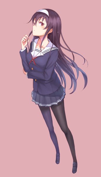 Anime picture 700x1218 with saenai heroine no sodatekata a-1 pictures kasumigaoka utaha purea single long hair tall image looking at viewer blush fringe black hair simple background hair between eyes red eyes full body from above adjusting hair pink background girl uniform