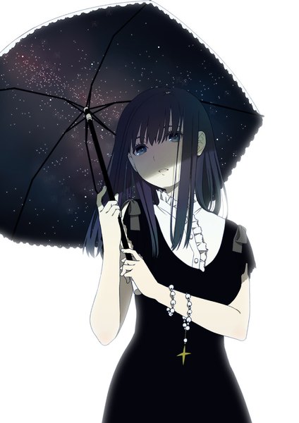 Anime picture 826x1169 with original mattaku mousuke single long hair tall image looking at viewer blue eyes black hair simple background white background night night sky starry sky print girl dress black dress pendant star (stars) umbrella cross