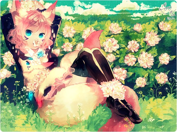 Anime picture 1200x900 with original hzrn (ymj924) single looking at viewer short hair blue eyes sitting holding animal ears pink hair sky cloud (clouds) tail animal tail mouth hold arms behind head flower in mouth girl thighhighs hair ornament