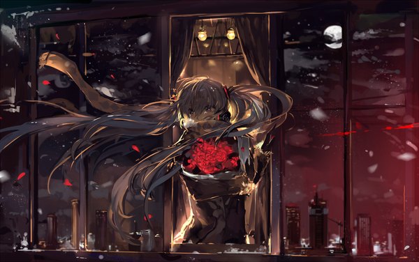 Anime picture 1500x942 with vocaloid hatsune miku saberiii single twintails holding looking away very long hair aqua eyes wind aqua hair night night sky tears city reflection girl flower (flowers) window scarf