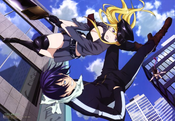 Anime picture 5916x4076 with noragami studio bones yato (noragami) iki hiyori bishamonten (noragami) tokuoka kouhei long hair looking at viewer highres short hair blue eyes blonde hair smile brown hair purple eyes multiple girls holding brown eyes looking away absurdres