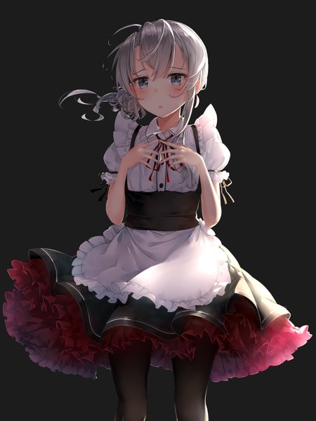 Anime picture 1500x1998 with kantai collection nowaki (kantai collection) somalisu single long hair tall image blush fringe blue eyes simple background hair between eyes standing looking away silver hair ahoge wind :o short sleeves midriff black background