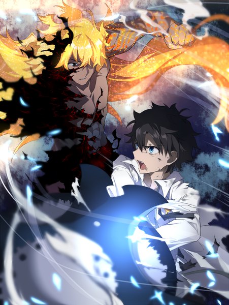 Anime picture 872x1161 with fate (series) fate/grand order fujimaru ritsuka (male) goetia (fate/grand order) tsuedzu tall image short hair open mouth blue eyes black hair blonde hair parted lips black eyes blurry multiple boys torn clothes dark skin fighting stance glow messy hair
