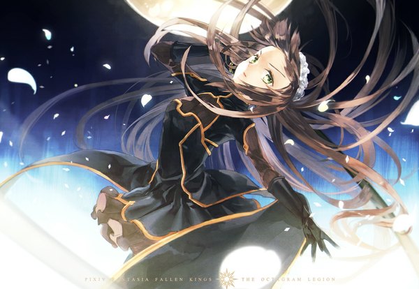 Anime picture 1065x736 with original pixiv fantasia pixiv fantasia fallen kings shiyun single long hair looking at viewer brown hair green eyes night girl dress gloves hat petals black gloves black dress moon