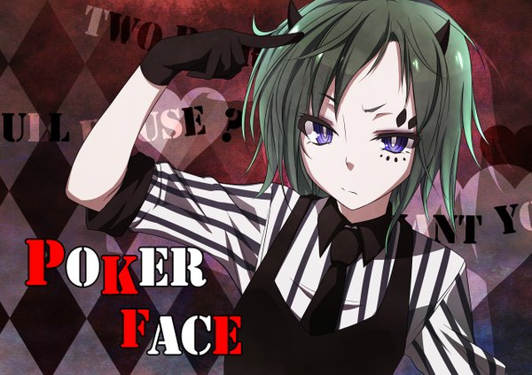 Anime picture 1280x905 with vocaloid poker face (vocaloid) gumi mtu (orewamuzituda) short hair purple eyes horn (horns) green hair girl gloves necktie