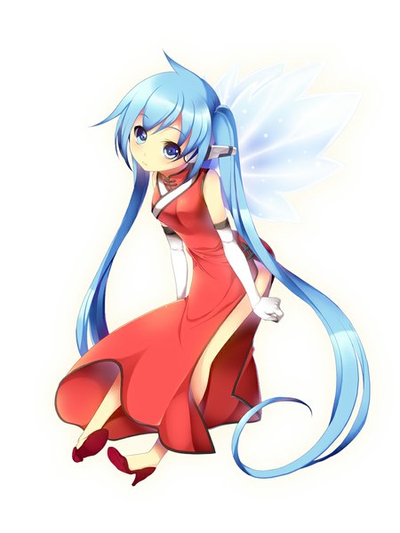 Anime picture 750x1000 with sora no otoshimono nymph (sora no otoshimono) koflif single long hair tall image looking at viewer simple background white background blue hair loli chinese clothes girl dress gloves wings elbow gloves chinese dress
