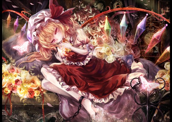 Anime picture 1200x855 with touhou flandre scarlet torino aqua single short hair blonde hair red eyes girl dress skirt flower (flowers) wings rose (roses) insect butterfly chain bonnet skirt set crystal