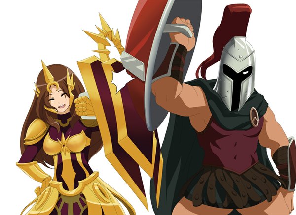 Anime picture 1000x729 with league of legends leona (league of legends) pantheon (league of legends) bling long hair simple background brown hair white background eyes closed girl boy gloves armor helmet shield