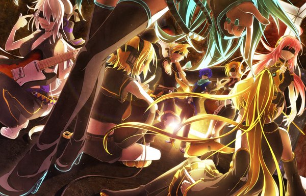 Anime picture 1788x1148 with vocaloid hatsune miku megurine luka kagamine rin kagamine len kaito (vocaloid) meiko yowane haku akita neru nocho long hair highres short hair blonde hair multiple girls pink hair purple hair white hair nail polish aqua hair