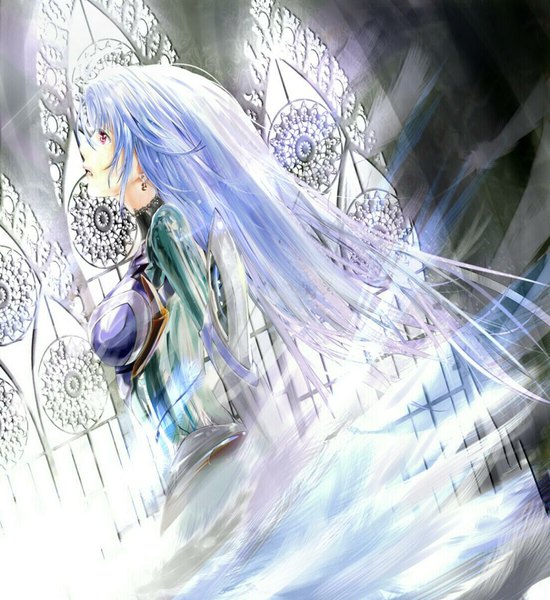 Anime picture 1045x1140 with xenosaga monolith software kos-mos oota takeshi single long hair tall image red eyes blue hair purple hair profile wind girl uniform earrings window armor military uniform stained glass