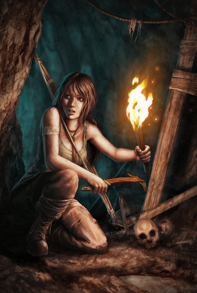 Anime picture 1600x2369 with tomb raider lara croft single long hair tall image blush open mouth brown hair sitting brown eyes looking away ponytail teeth skull and crossbones girl weapon shirt boots blood bandage (bandages)
